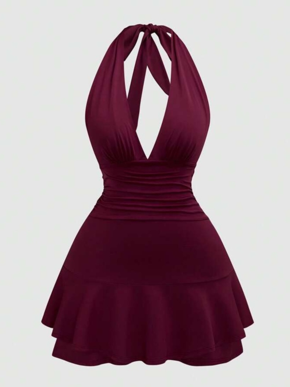 One-Shoulder Ruched Halter Skater Dress - Burgundy